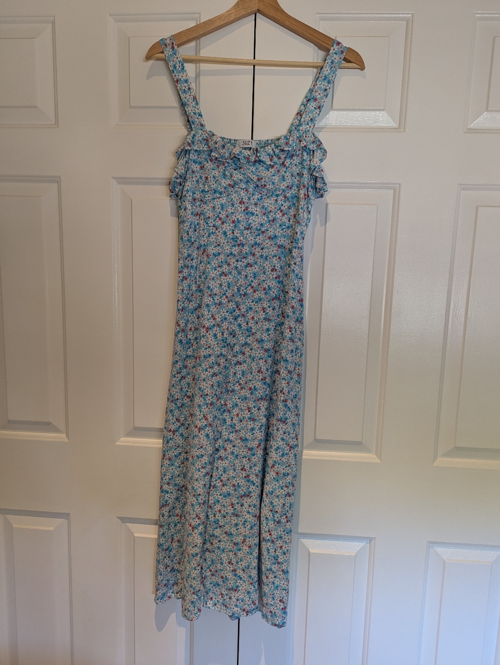 Vintage Suzy Shier Blue Floral Ruffle Midi Sun Dress 90s Coquette Cottagecore S